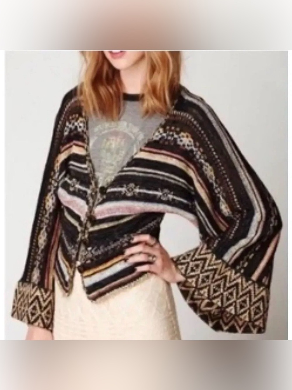 Free People Fair Isle Bell Sleeve Cropped Cardigan Sweater XS